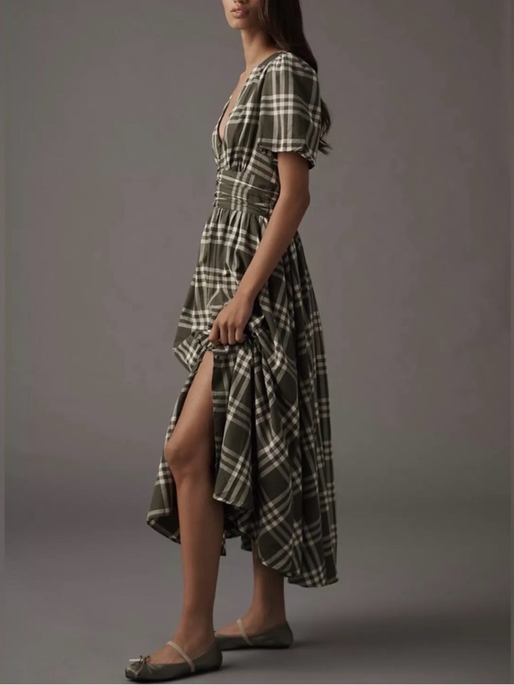 Olive Plaid V-Neck Maxi Dress